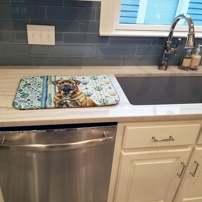 Caroline's Treasures Brindle Boerboel Coastal Sea Glass Dish Drying Mat Absorbent Dish Drying Mat Pad for Kitchen Counter Dish Drainer Mat for Countertop 14 x 21 Multicolor
