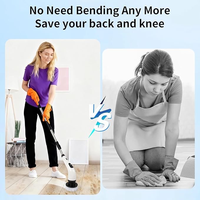 Rechargeable Electric Spin Scrubber Waterproof Power Cleaner with 7 Brush Heads1 Window Squeegee2 Speeds Adjustable Long Handle for Bathroom Floor Shower Tile &amp Kitchen Cleaning (White)