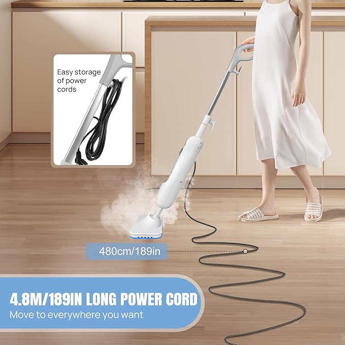 Steam Mop for Floor Cleaning Multi Purpose Handheld Steamer Cleaner for Vinyl Laminate Carpet Tile Hard Floor Grout w/ 2 Pad 16ft Cord 13.5Oz Tank Adjustable Steam Modes White