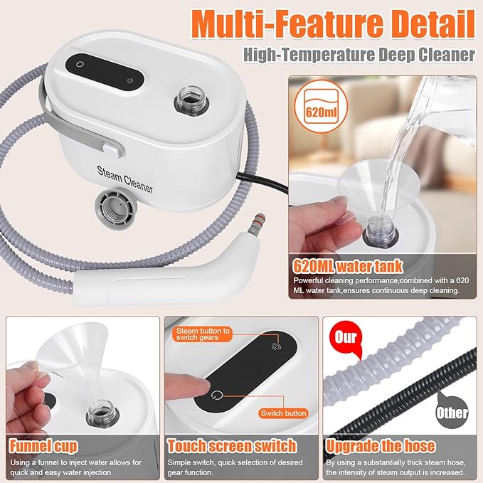 9 in 1 Handheld Steam Cleaner for Home Use Portable Steamer for Cleaning Multi-Function High Pressure Steam Cleaner for Car Detailing/Kitchen/Upholstery/Tile/Grout/Camping &amp All