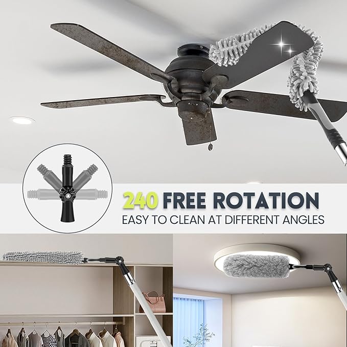 【Upgrade Anti Rotation 】 36ft High Reach Duster Kit5-36ft Lightweight Aluminum Alloy Extension Rod7-Piece Set210° Steering Head Clean Various Anglefor Cleaning CeilingHigh Wall