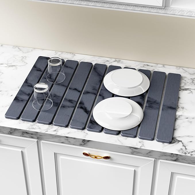 Large Stone Dish Drying Mat for Kitchen Counter 24(L)×16(W) Collapsible Quick Dry Stone Dish Mats Super Absorbent Diatomaceous Earth Drying Pad for Dishes Bottles Cups Countertops (Marble)