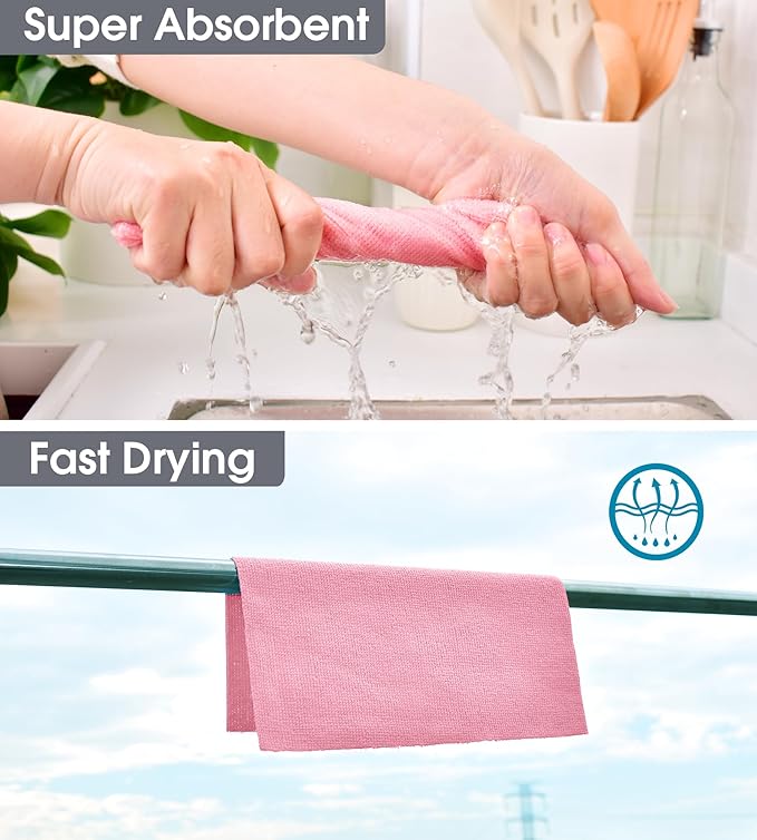 KitchLife Microfiber Cleaning Cloth Roll 100 Pack - Tear-Away Microfiber Paper Towels Lint-Free Reusable Washable for Kitchen Car Dishes and Sensitive Surfaces (Pink)