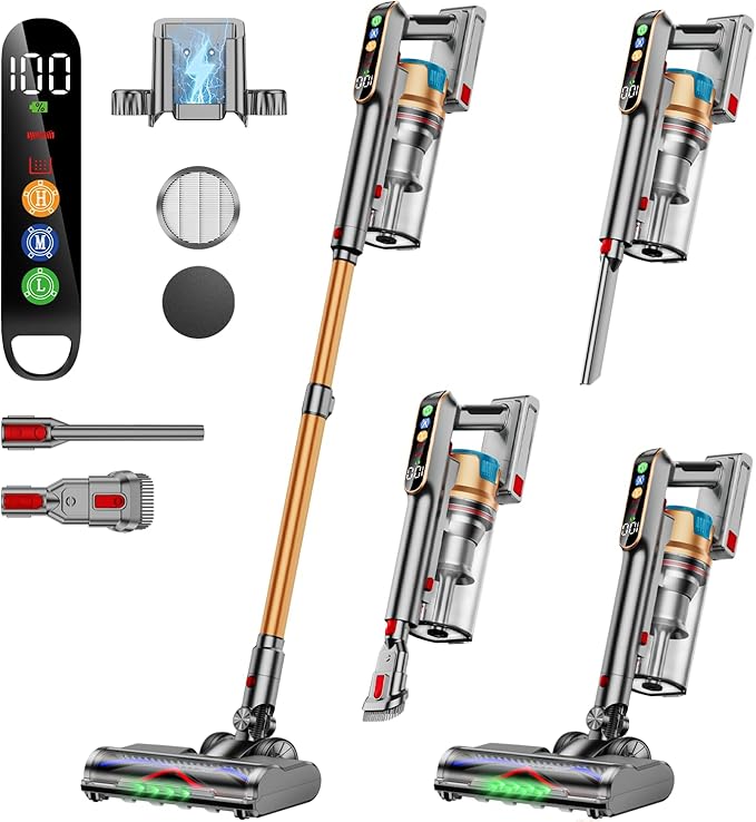 Cordless Vacuum Cleaner 600W/50KPA/65Mins Vacuum Cleaners for Home Super 1.8L Cup&amp Large LED Screen Stick Vacuum Anti-Tangle Lightweight Cordless Vacuum with Charging Dock for Pet Hair/Carpet/F