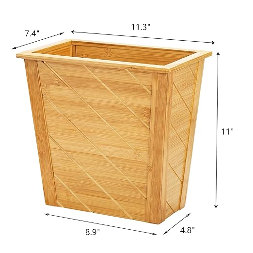Frcctre Bamboo Waste Basket Rectangular Compact Waste Trash Can Garbage Bin Built-in Handles Brown Container Bin for Bedroom Office Living Room Kitchen Bathroom