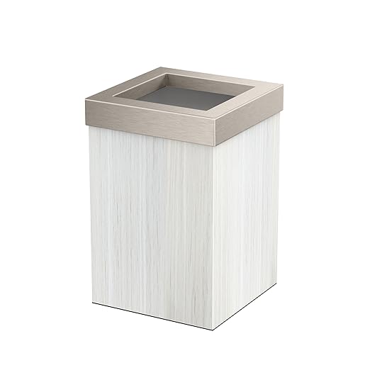 Gatco Small Bathroom Trash Can with Lid Square 3 Gallon Wastebasket Under Sink White Oak with Satin Nickel for Bathroom Bedroom Office (1936SN)