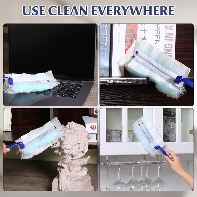 Yaomiao 120 Pcs Duster Refills for Cleaning Includes 100 Disposable Duster Refills Bulk with 20 Replacement Handle for Cleaning Office Home Blinds Ceiling Fans Furniture(Blue)