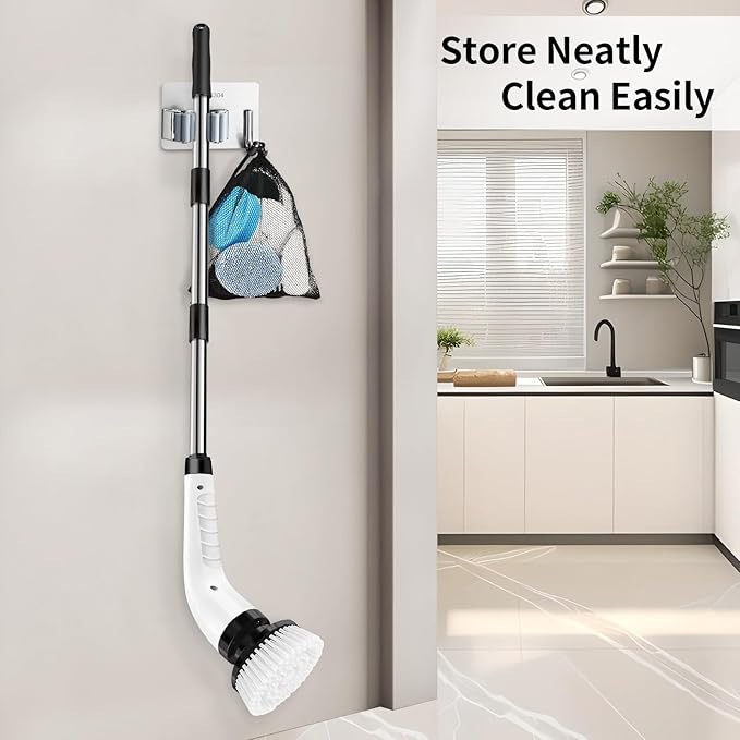 GOXAWEE Electric Spin Scrubber Cordless Cleaning Brush with 8 Replaceable Brush Heads Power Shower Scrubber with Long Handle for Bathroom Tub Tile Floor (White)