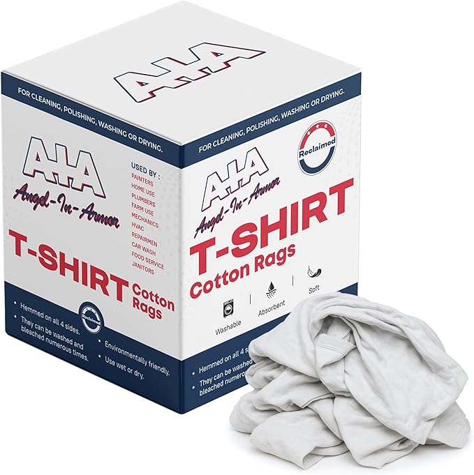 Angel-in-Armor White T-Shirt Rags – 50lb Bulk Box of Recycled Cotton Knit Shop Rags (650 Units) – Low Lint Cleaning Cloths for Mechanics Oil Changes Industrial and Commercial Use