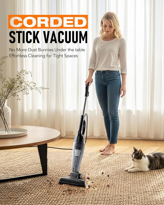 Corded Stick Vacuum Cleaner 15000Pa Powerful Suction Lightweight 3 lbs Corded Vacuum for Pet Hair &amp Hard Floors Long 16.7ft Cord 1L Dust Cup &amp Crevice Tool Included (Black)