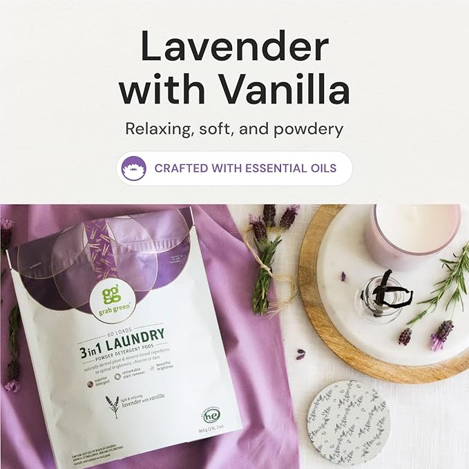 Grab Green Natural 3 in 1 Laundry Detergent Pods Lavender + Vanilla-with Essential Oils Organic Enzyme-Powered Plant &amp Mineral-Based White 34 Oz 60 Count