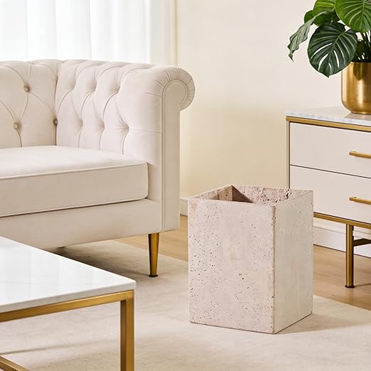 Modern Square Travertine Waste Basket Natural Stone Bathroom Trash Can Decorative Home Garbage Container Beautiful Travertine Look Rubbish Bin for Bathroom Bedroom Kitchen Home Office