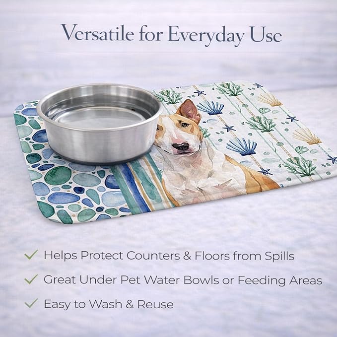 Caroline's Treasures Fawn and White Bull Terrier Coastal Sea Glass Dish Drying Mat Absorbent Dish Drying Mat Pad for Kitchen Counter Dish Drainer Mat for Countertop 14 x 21 Multicolor