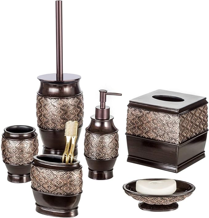 Creative Scents Dublin Brown Bathroom Accessories Set 6-Piece Resin Bathroom Decor Set Includes Toilet Bowl Brush and Holder Tissue Box Cover Soap Dispenser Soap Dish Cup &amp Toothbrush Holder