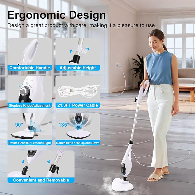 11-in-1 Steam Mop 1550W Powerful Handheld Steam Cleaner 260°F Multi-Functional Floor Steamer with 21.3FT Cord for Floors Hardwood Tiles Grout Windows Kitchen Bath Adjustable (White)