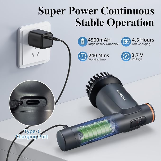 Electric Spin Scrubber Bathroom Shower Scrubber with LCD Display 2 Speeds Electric Scrubber for Cleaning with 6 Replaceable Heads 4-Hour Runtime‌ Cleaning Brush for Kitchen/Car Gray-Black