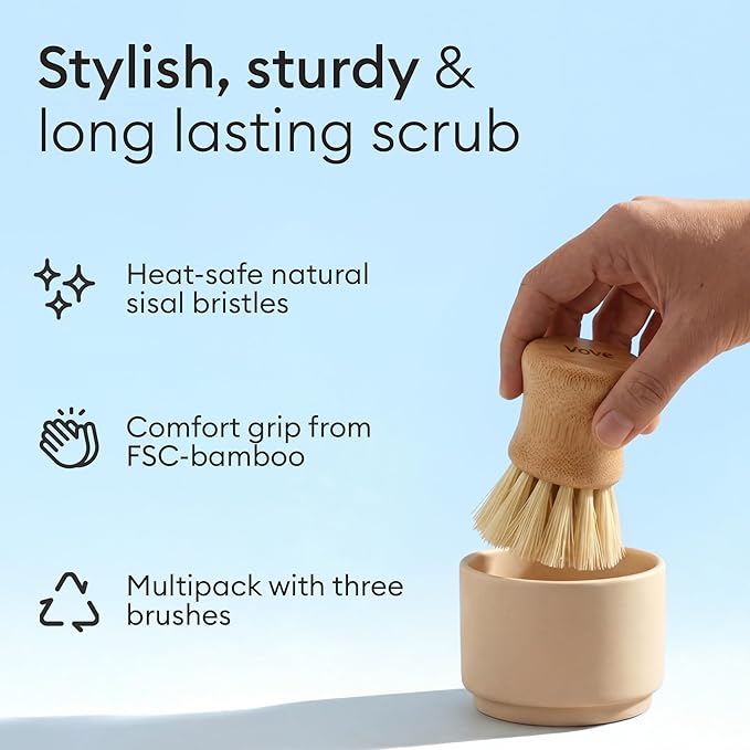 Vove Cleaning Essentials Set – Bamboo Dish Brush with Replacement Head 2 Scrub Brushes 2 Scrub Sponges – FSC Certified Plastic-Free Natural Bristles &amp Loofah – Eco-Friendly Kitchen Cleaning Ki