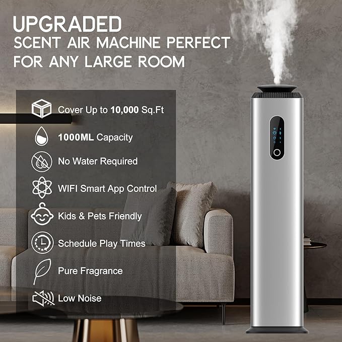 1000ML- Tower Hotel Scent Diffuser with WiFi App Control for Whole House - Commercial Diffuser Machine Cover 10000 Sq Ft - Scent Air Machine &amp Waterless Essential Oil Diffuser for Large Room - Sil