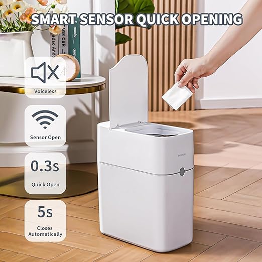 MOPUP Bathroom Trash Can Automatic Bagging Garbage Can 3.5 Gallon Slim Smart Small Plastic Trash Bin Narrow Motion Sensor Trash Can for Bedroom Office White