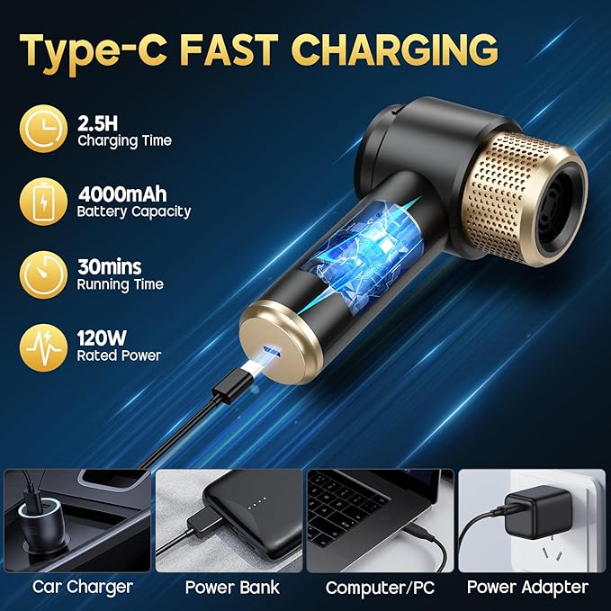 JONYJ Handheld Car Vacuum Cleaner 16000PA Hand Held Vacuum Portable Cordless 2 in 1 Air Duster and Vacuum Cleaner with LED Light Multi-Nozzles 120W High Power Mini Vacuum for Home Pet Office