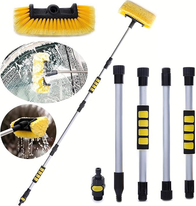 Solar Panel Cleaning Brush Adjustable Car Wash Brush On/off Flow Control Sponge Head Material With Long HandleWater Fed Pole(Yellow)