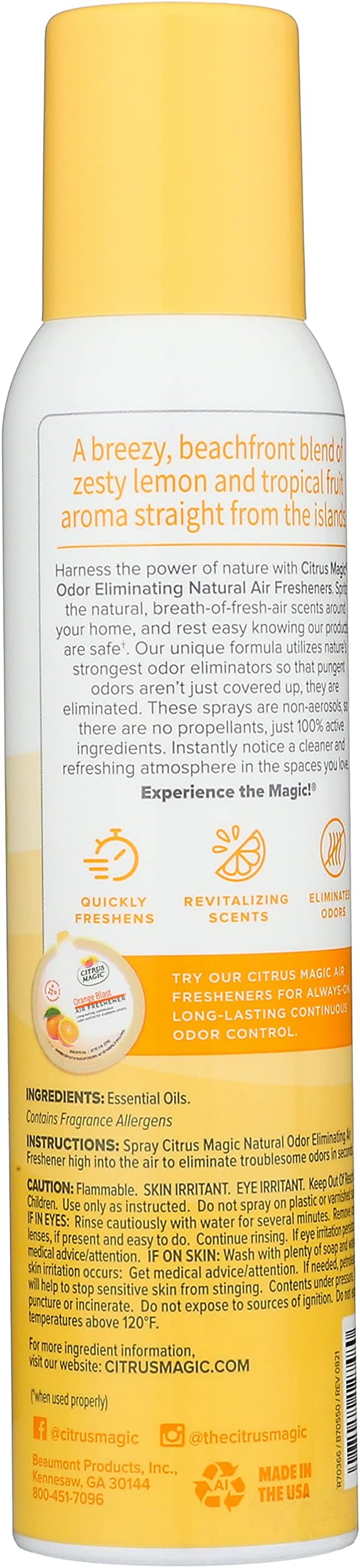 Citrus Magic Odor Eliminating Air Freshener Spray Tropical Lemon 3-Ounce Pack of 3