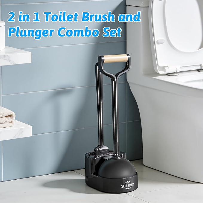 Sellemer Toilet Brush and Plunger Set Curved Design Head for Deep Cleaning Heavy Duty Toilet Bowl Brush and Plunger Combo with Holder for Bathroom Cleaning Black 2 Pack