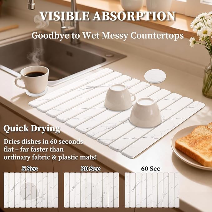 3 PCS Stone Dish Drying Mat for Kitchen Counter Large Quick Dry Stone Dishes Mats Coasters Foldable Water Absorbing Diatomaceous Earth Drying Pad for Countertop Bottles Utensils Cups