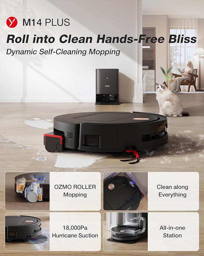 Yeedi M14 Plus Robot Vacuum and Mop 18000Pa Suction OZMO Roller Instant Self-Washing Mopping 167℉ Smart Dynamic Hot Wash &amp Auto-Dry ZeroTangle 3.0 Anti-Hair Brush All-in-One Omni Station Bl