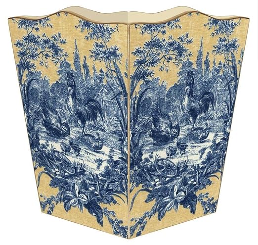 Marye-Kelley Blue and Gold Rooster Toile Wastepaper Basket French Country Wood Scalloped Top Waste Basket for Kitchen Bathroom Bedroom Living Room Handmade Made in The USA