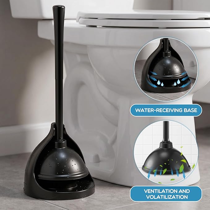 2 Pack Toilet Plunger with Holder 21.5-Inch Commercial Grade Heavy-Duty Plunger Set with Storage Base Professional Bathroom Maintenance Tool Black