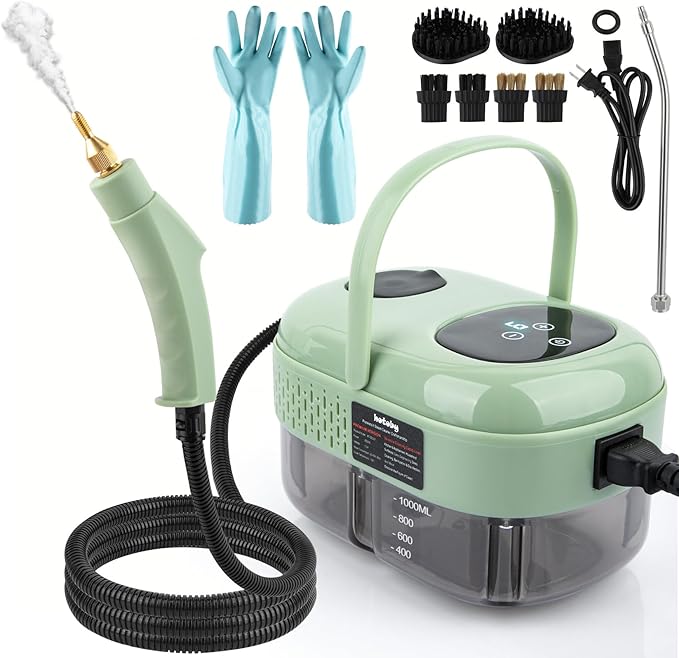 Steam Cleaner 2500W High Pressure Handheld Steamer 6-gears adjustable Portable Steam Cleaning Machine with 6 Brushes Cleaning for Home Use Kitchen BathroomHard SurfaceCar Detailing (Green)
