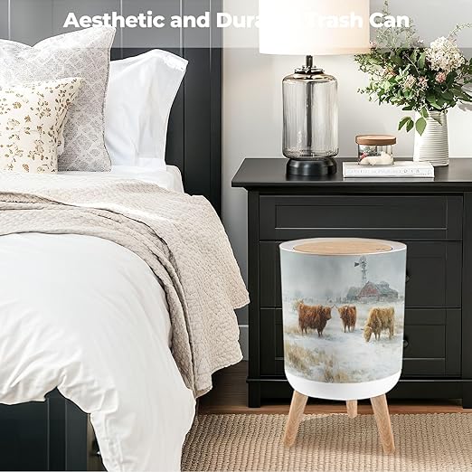 Bathroom Trash Can with Lid Farmhouse Decor Cow Pictures Red Barn Winter Snow Scene Rustic Home Garbage Bin Waste Basket for Kitchen Office Bedroom Decoration Diaper Pail 1.8 Gallon
