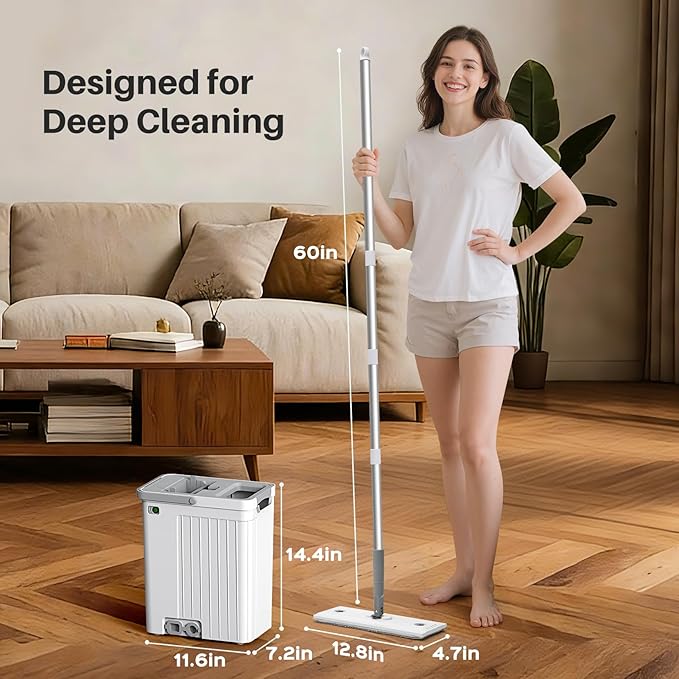 Mop and Bucket Set with AUTO Pump 3-Zone Separate Dirty and Clean Water Flat Mop and Bucket System with Wringer and Wheels 3 Reusable Microfiber Pads One-Touch Water Filling for Home Cleaning