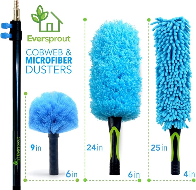 EVERSPROUT 5-to-12 Foot Duster 3-Pack with Extension-Pole (20+ Foot Reach) | Hand-packaged Cobweb Duster Microfiber Feather Duster Flexible Microfiber Ceiling &amp Fan Duster | Aluminum Telescopic