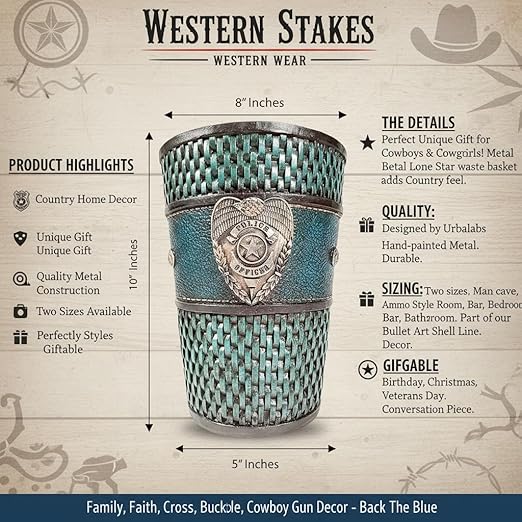 Urbalabs Police Officer Back The Blue Thatch Bathroom Trash Can Office Western Waste Basket Family Faith Cross Buckle Country Wastebasket Office Wire Garbage Can Cowboy Gun Decor Bathroom Decor
