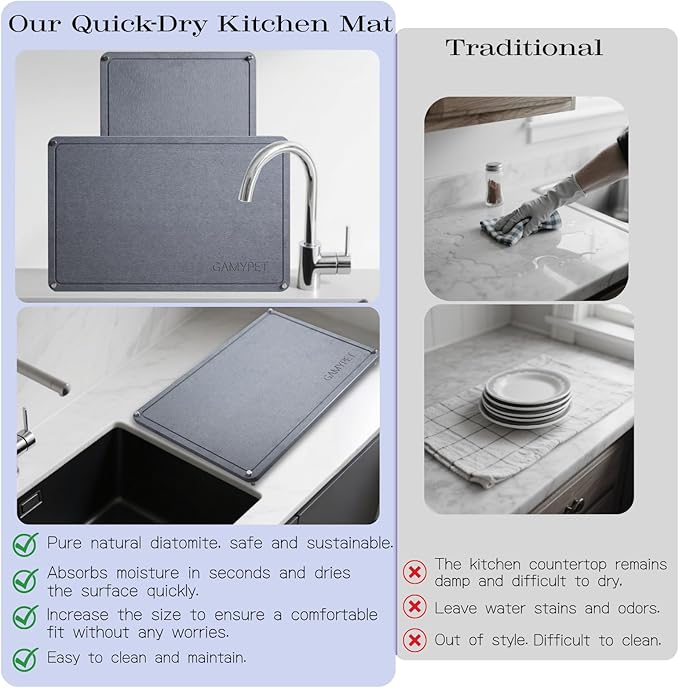Stone Dish Drying Mat 24×16 Large Diatomaceous Earth Dishes Quick Dry Pad for Kitchen Counter with Heighten Stainless Steel Feet Fits Various Countertops &amp Drain Bowl Racks Dark Gray