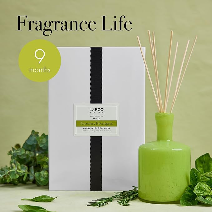 LAFCO New York Signature Reed Diffuser Rosemary Eucalyptus - 15 oz - Up to 9 Months Fragrance Life - Reusable Hand Blown Glass Vessel - Natural Wood Reeds - Made in The USA