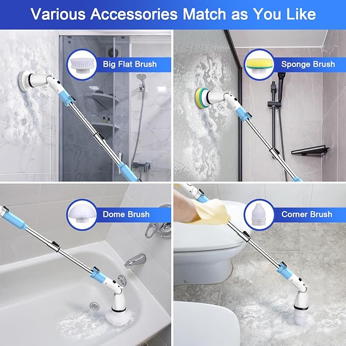 Electric Spin Scrubber with 5 Brush Heads Cordless Cleaning Brush 450 RPM Motor 27-47 inch Adjustable Handle Power Scrubber for Bathroom Tile Floor