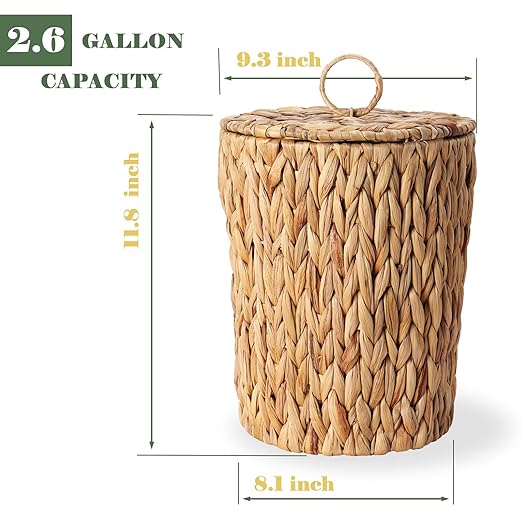 2.6 Gallon Wicker Trash Can with Lid - Bathroom Garbage Can with Removable Liner Bucket - Boho Hand Woven Water Hyacinth Wicker Waste Basket for Bedroom Living Room Home Office