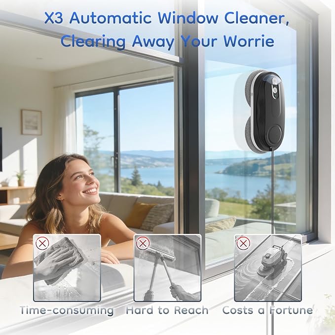 Obito X3 Window Cleaning Robot Dual Nozzles with Ultrasonic Spray 5.0 AI Path Planning Max 3200Pa &amp Steady-Climbing System Automatic Edge Detection Robot Window Cleaner Inside/Outside Black