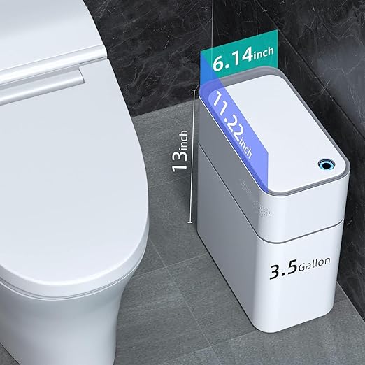 MOPALL Small Bathroom Trash Cans with LidsMotion Sensor Bathroom Trash CanNarrow Waterproof Plastic 3.5 Gallon Automatic Adsorption Touchless Garbage CanWhite