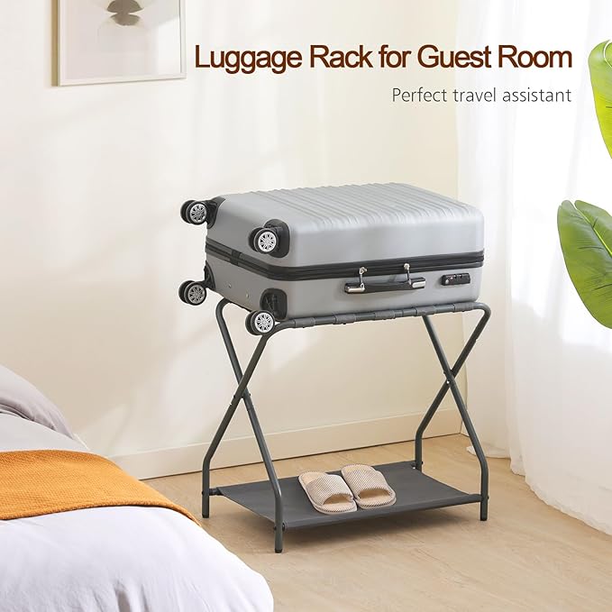 AMHANCIBLE Luggage Rack Set of 2 Foldable Suitcase Stands for Guest Room Metal Luggage Holder with Storage Shelf for Bedroom Hotel Easy Assemble HLR02GY