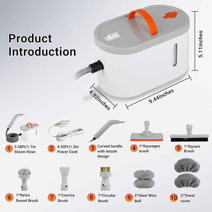 Steam Cleaner for Home - Portable Handheld Steamer for Cleaning With 15s Heat-UP 0.78 Quarts Tank9 Accessories - Clean GreaseAutomotive wheels and interior trimGrout Tile Floor Couch Carpets