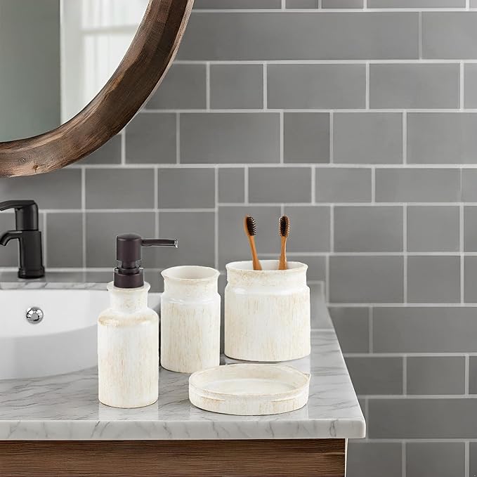 Creative Scents Rustic Luxe Bathroom Accessory Set Complete - 4 Piece Beige Bathroom Soap Dispenser Set has: Lotion Dispenser Toothbrush Holder Tumbler &amp Soap Dish Modern Farmhouse Bathroom Dec