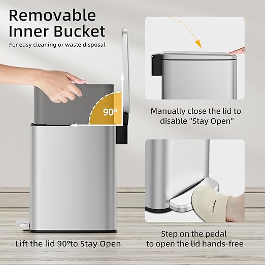 KUK Slim Bathroom Trash Can with Lid 1.6 Gal / 6L Stainless Steel Small Garbage Bin with Detachable Inner Bucket Step Pedal Silent Close Wastebasket for Toilet Bedroom Home Office (Silver)