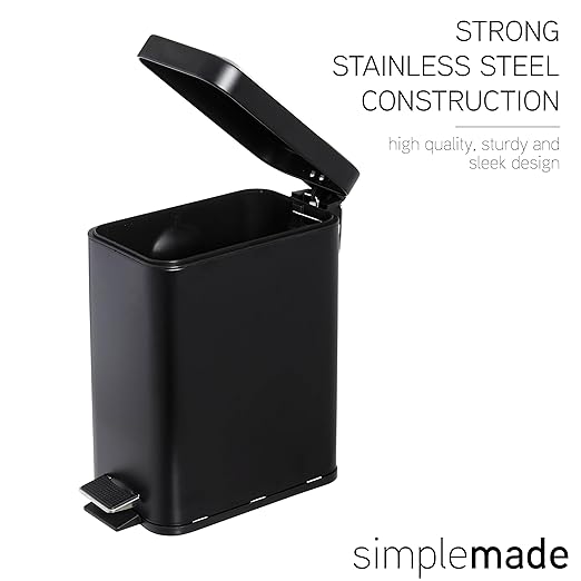 SIMPLEMADE Rectangle Step Trash Can - 5 Liter / 1.3 Gallon - Small with Lid Stainless Steel for Bathroom | Office | Garbage | Metal Wastebasket (Black)