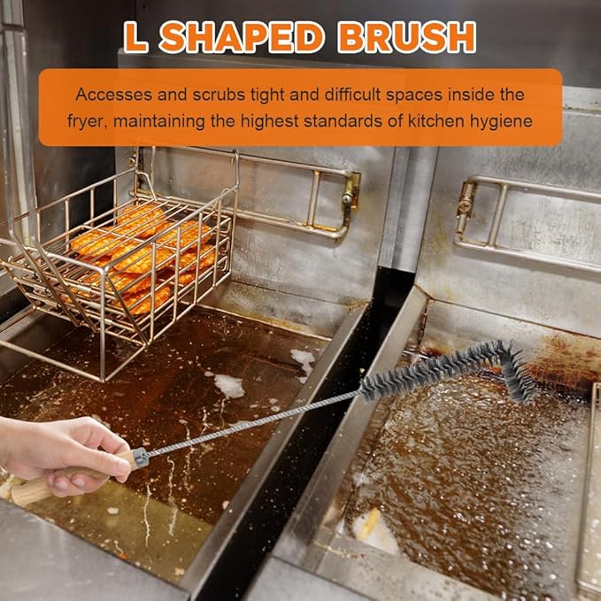 3PCS Brass Bristles Fryer Cleaning Tools L Shaped Fryer Cleaning Brush Long Handle Fryer Basket Cleaning BrushDeep Fryer Cleanout RodBristles for Grill BBQ Cleaning