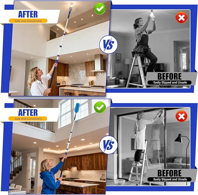 20FT Light Bulb Changer for High Ceilings with 5-12FT Heavy Duty Extension PoleHigh Ceiling Fan Duster Extendable Reusable CobwebFeatherWindow Cleaning Squeegee Kit for Home &amp HouseInterior Ro