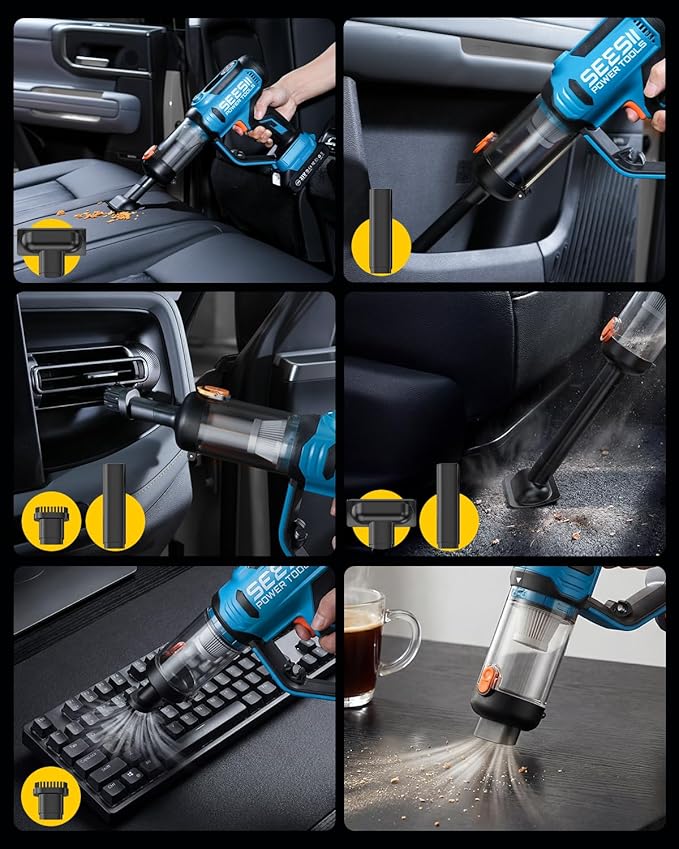SEESII 3-in-1 Tire Inflator: Portable Air Compressor &amp Car Vacuum Cordless &amp Led Work Light with 2×2000mAh Batteries 21V Tire Air Pump 150PSI w/Digital Gauge+Auto-Shutoff for Ball/Bike/Car/Ho